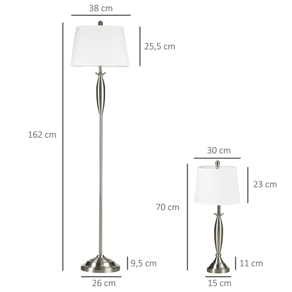 Lampesæt, 3-delt gulvlampe og 2 bordlamper, 38x162 cm, sølv og hvid