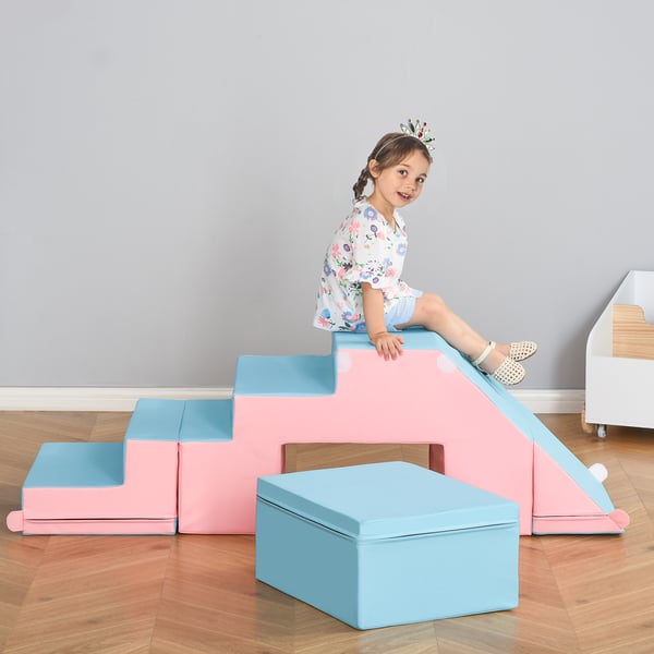 Soft Play Sæt, 2-delt skum byggeklods bord- og stolesæt med rutsjebane, 86x49x47 cm, lyserød og blå
