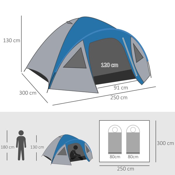Camping Telt, 250x300x130 cm, Blå
