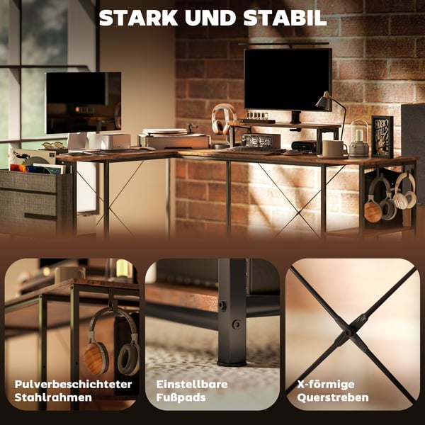 L-formet skrivebord, 168x120x90 cm, brun