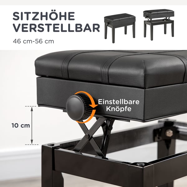 Klaverbænk, Justerbar Højde, 63x35x46-56 cm, Sort