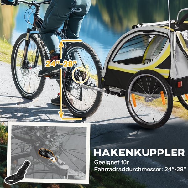 Lasten pyöräkärry 2-in-1, 142x75x101 cm, Keltamusta