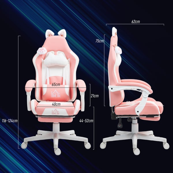 Gamingstol, 65x62x116-124 cm, Pink