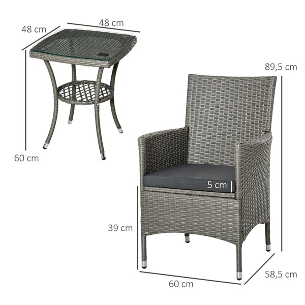 Rattan havemøbelsæt, 3-delt balconiesæt, 60x58,5x89,5 cm, grå