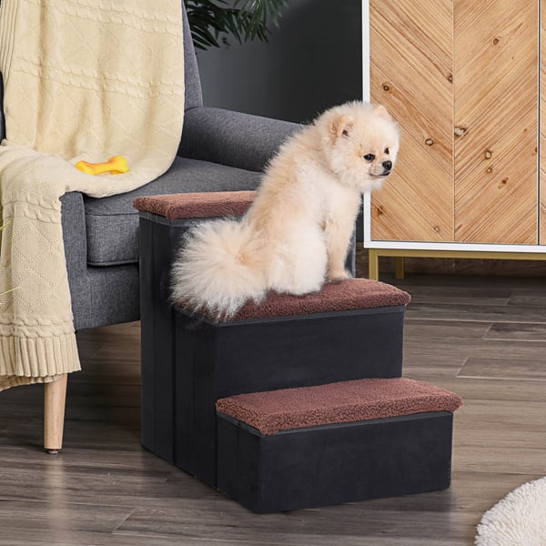 Kæledyrstrappe, Foldbar 3-trins med opbevaring, 40x54x48 cm, Sort
