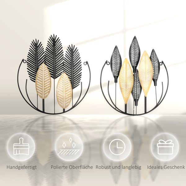 Vægkunst sæt, 3D metalblad design, 40x46 cm, sort og natur