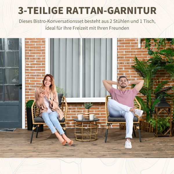 Terrassemøbelsæt, 3-delt Rattan Bistro Sæt, 62x65x78 cm, Sand og Mørkegrå