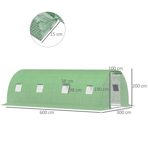 Gå-ind Polytunnel Drivhus, 600x300x200 cm, Grøn