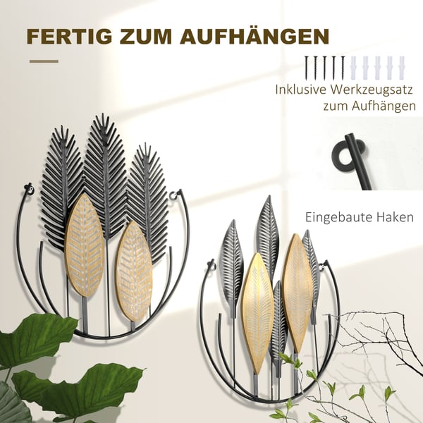 Vægkunst sæt, 3D metalblad design, 40x46 cm, sort og natur