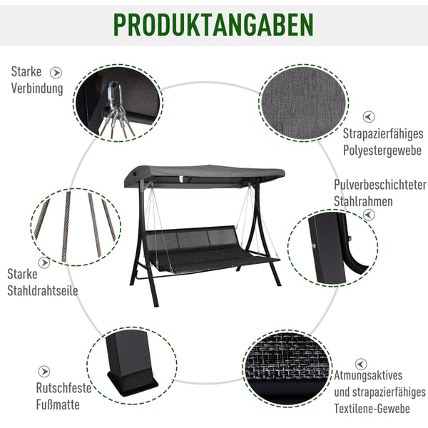 Haveswing, 3-personers gyngebænk med justerbart tag, 200x115x168 cm, grå