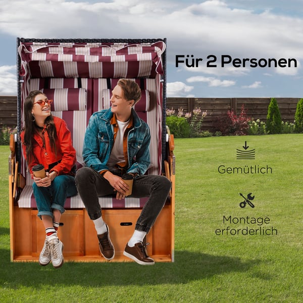 Dobbelt strandstol med soltag, 118x79x160 cm, rød hvid