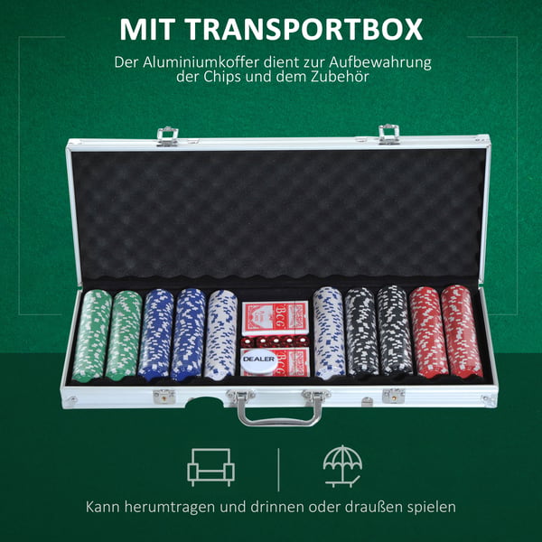 Poker Sæt, 500 Poker Chips med Kuffert, 55,5x22x6,5 cm, Flerfarvet