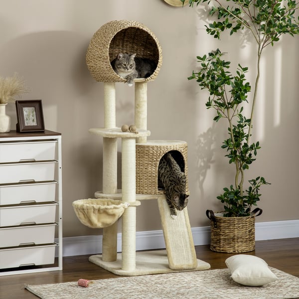 Kattetårn, Rattan kattehus med platforme, hængekøje og rampe, 60x60x150 cm, Beige