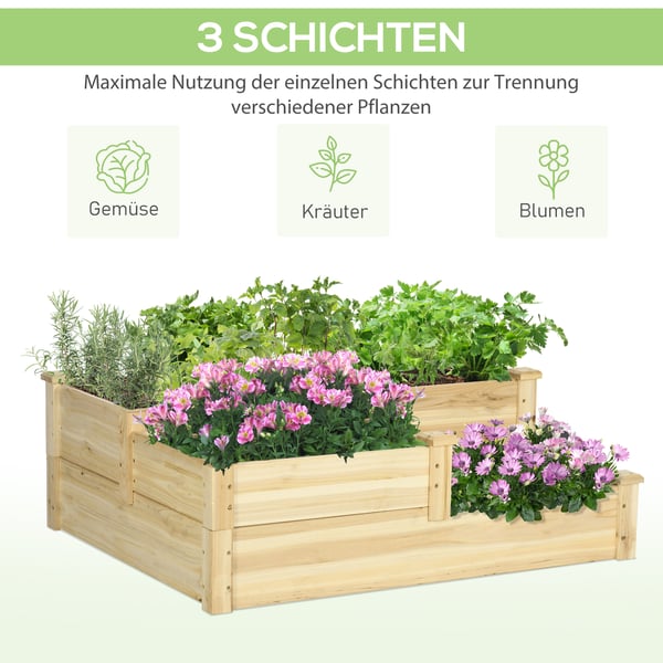 Hævet plantekasse, 3-niveaus træplantekasse, 108x88x36 cm, natur