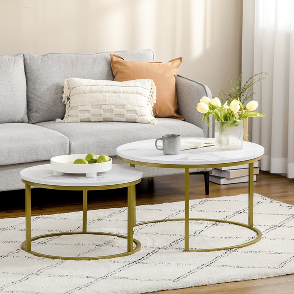 Soffbordset, 74x74x46,3 cm och 59x59x38,5 cm, Vit och Guld
