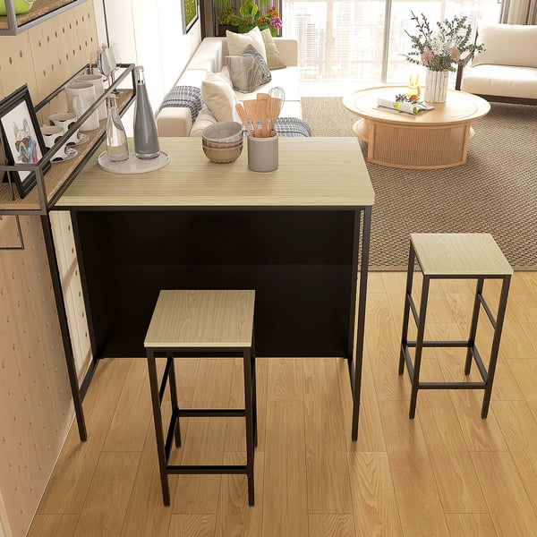 Bar-sæt, 1 barborde og 2 barstole, 100x60x95 cm, sort/eg, stål