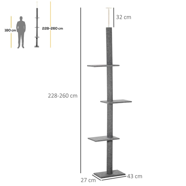Kattetårn, Justerbar kradsetræ, 43x27x228-260 cm, Grå
