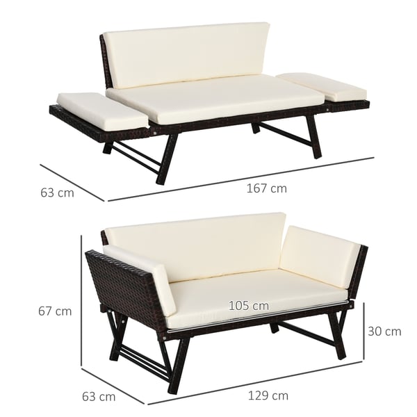 Puutarhasohva, 2-istuttava polyrottinki, taitettava, 129x63x67 cm, ruskea
