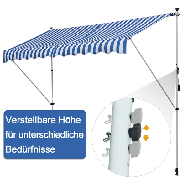 Markise, 300x150x170-280 cm, Blå, Hvid