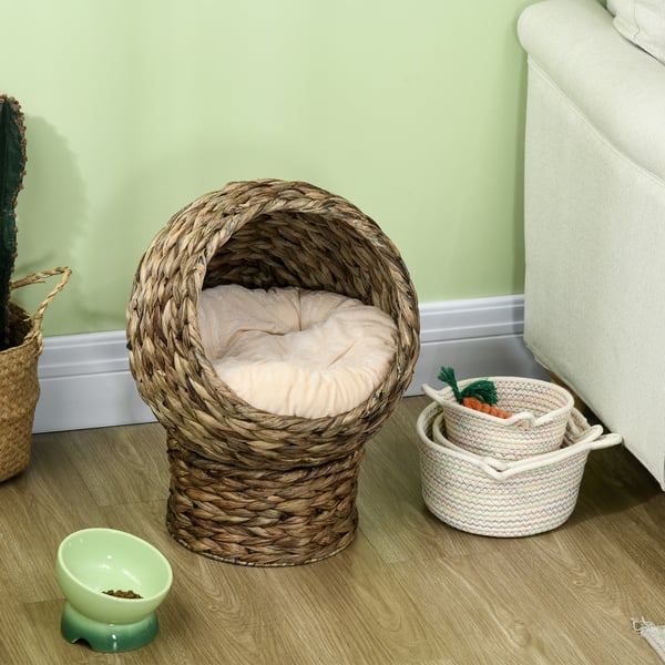Katteseng, Rattan kattehule med pude, 42x33x52 cm, Brun