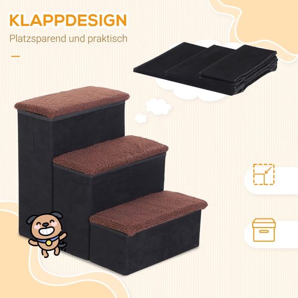 Kæledyrstrappe, Foldbar 3-trins med opbevaring, 40x54x48 cm, Sort