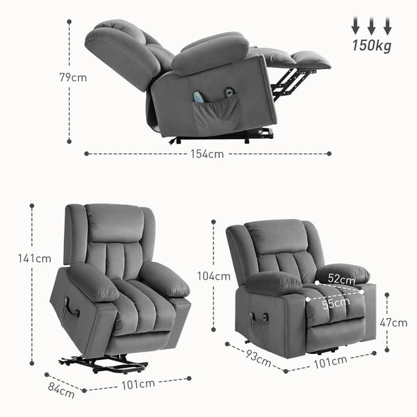 Lænestol med elektrisk løft, massage og varme, 101x93x104 cm, grå