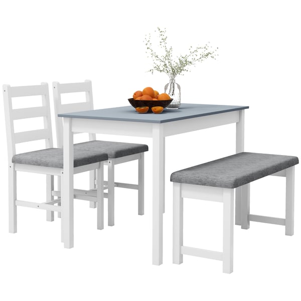 Matbordset, 4-delat bord med 2 stoppade stolar och bänk, 108x65x75 cm, grå, vit