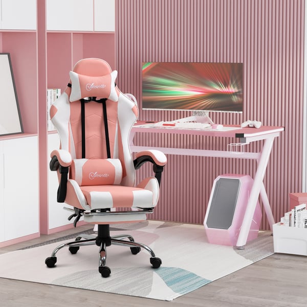 Gamingstol, 64x67x127 cm, lyserød og hvid