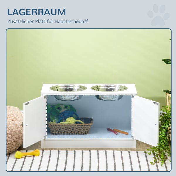 Hævet hundefoderstander med opbevaring, 60x30x35,5 cm, hvid