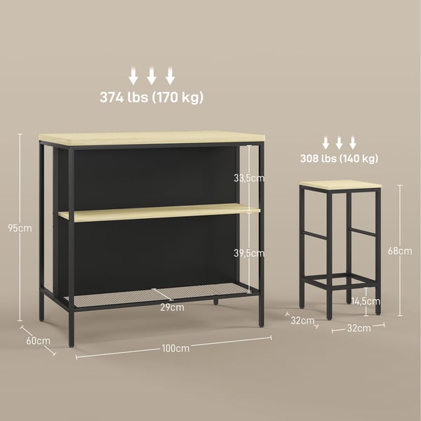 Bar-sæt, 1 barborde og 2 barstole, 100x60x95 cm, sort/eg, stål