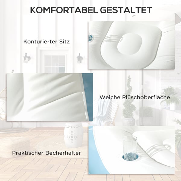 Oppustelig sofa med fodskammel og kopholder, 125x100x87 cm, hvid og blå
