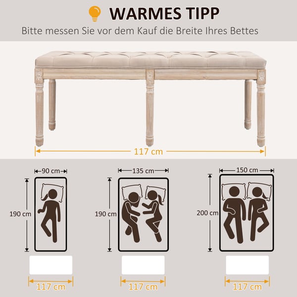 Polstret bænk, 117x40x48 cm, beige