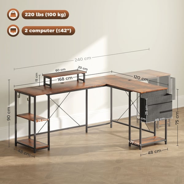 L-formet skrivebord, 168x120x90 cm, brun