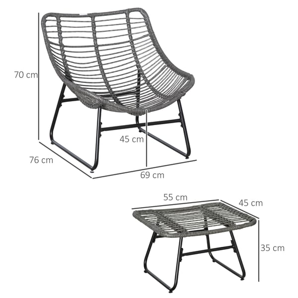 Rottinkinen lepotuoli jalkarahilla, 69x76x70 cm, harmaa