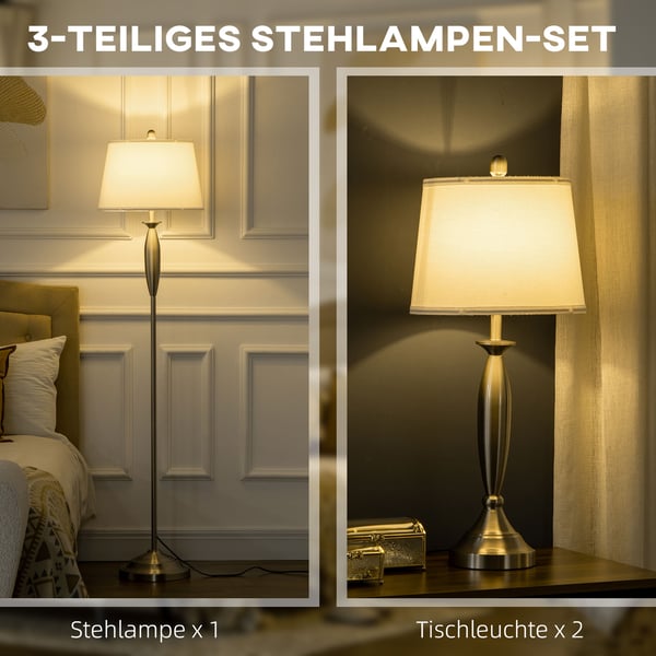 Lampesæt, 3-delt gulvlampe og 2 bordlamper, 38x162 cm, sølv og hvid