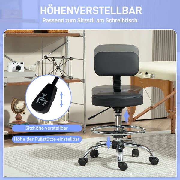 Kontorstol, Justerbar Ergonomisk Tegnestol med Fodstøtte, 52x52x78-92 cm, Sort