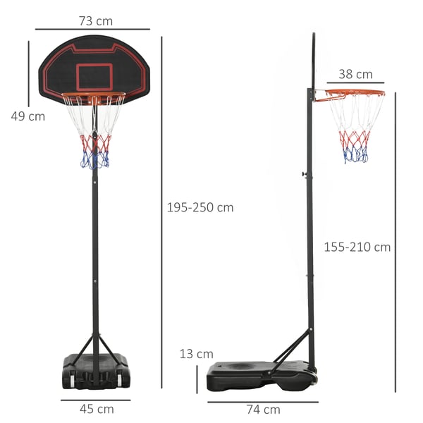 Basketballkurv med stativ, 73x49x195-250 cm, Sort