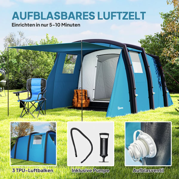 Oppusteligt campingtelt, 440x280x195 cm, blå