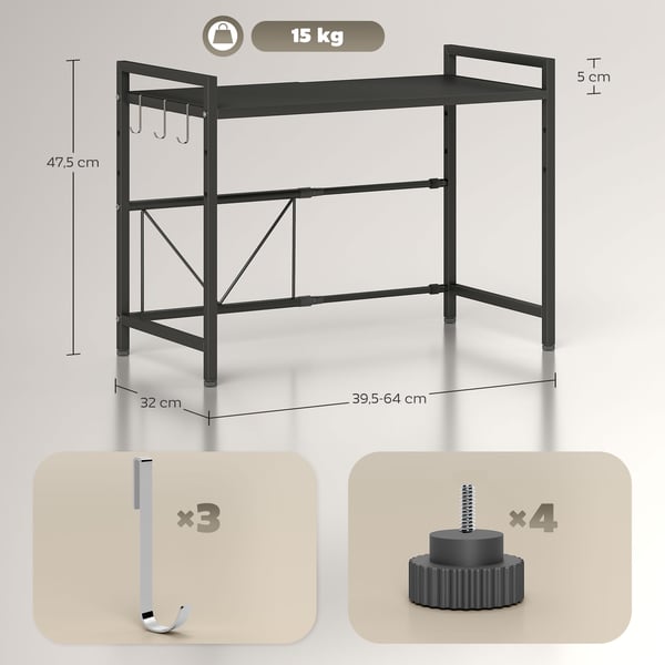 Mikrobølgeovnshylde, metal, 39,5-64x32x47,5 cm, sort