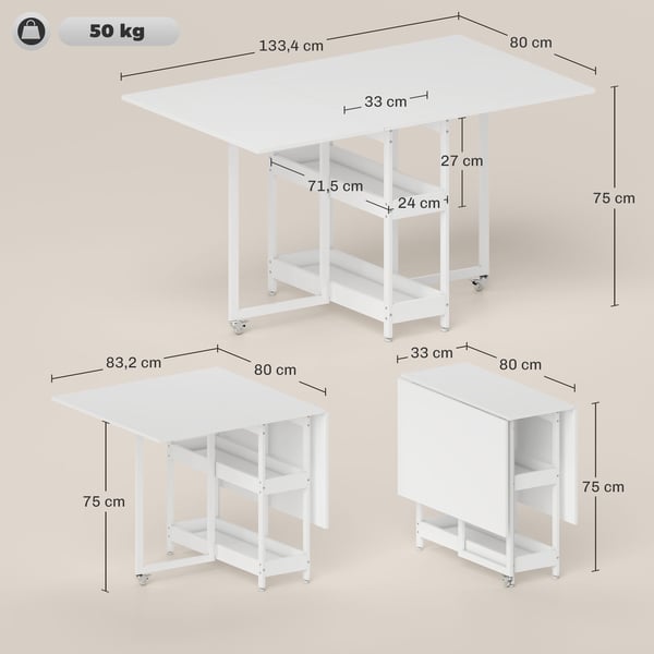 Spisebord, 133,4x80x75 cm, Hvid