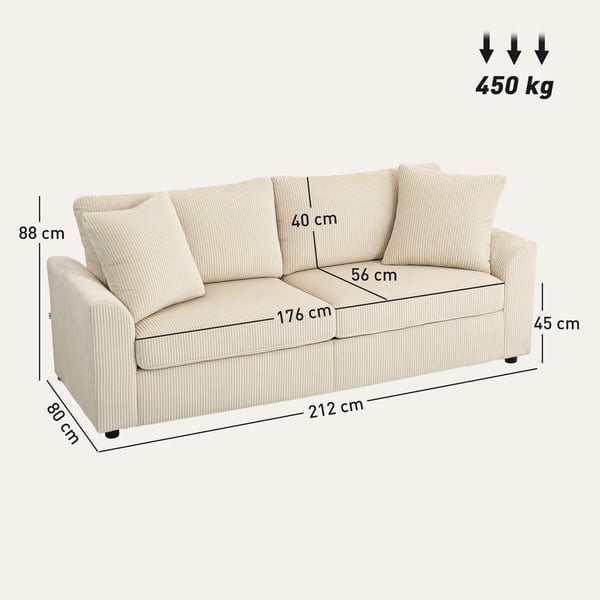 3-hengen sohva, 212x80x88 cm, kerma