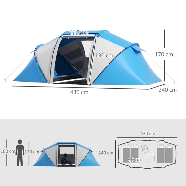 Camping Telt, 430x240x170 cm, Blå, Vandtæt Stof