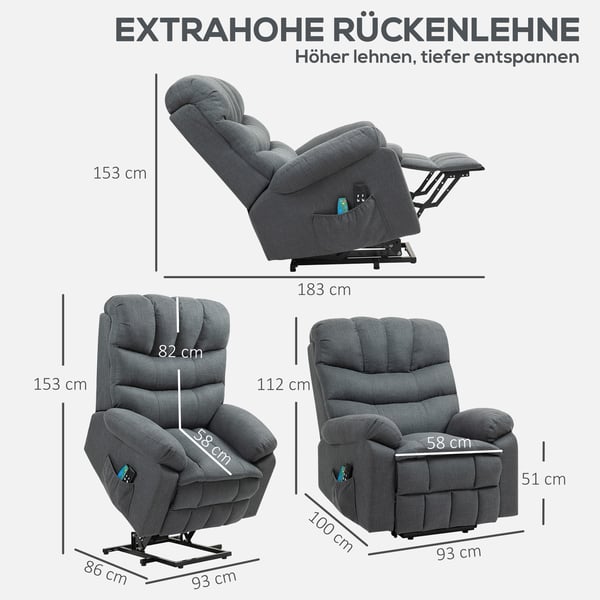 Lænestol med elektrisk løft og massagefunktion, 93x100x112 cm, grå