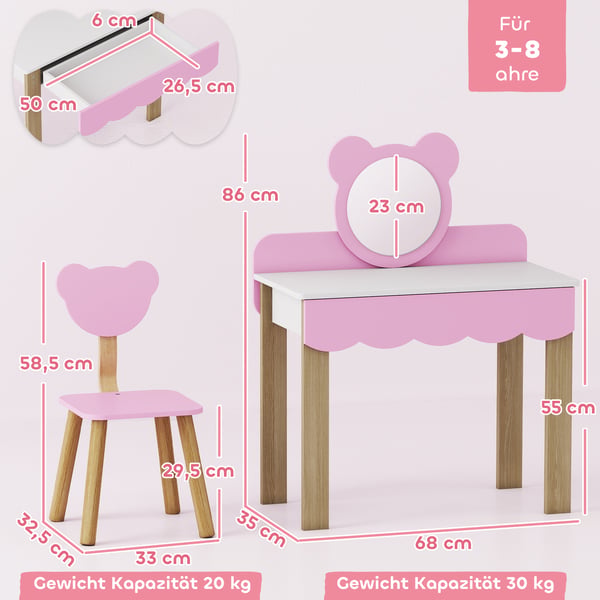 Pigesminkebord, 68x35x86 cm, Pink