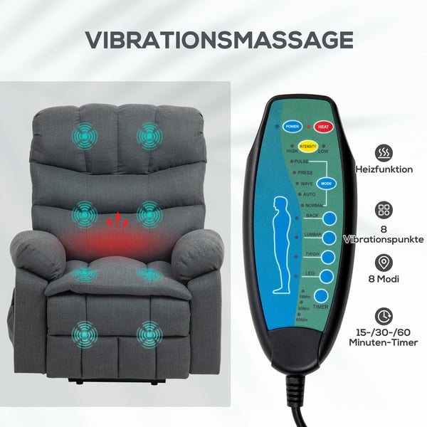 Lænestol med elektrisk løft og massagefunktion, 93x100x112 cm, grå