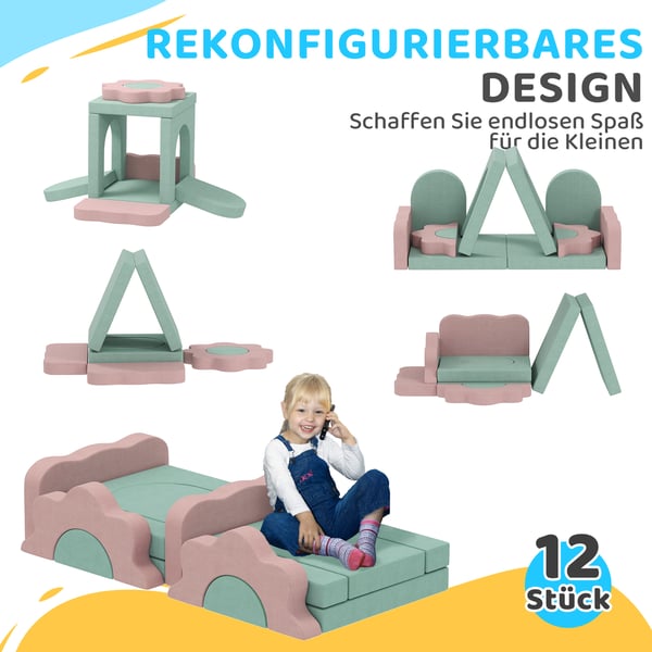Skumlekblock Set, 12 delar, 75x75x10 cm, Grön Rosa, Snöreskydd