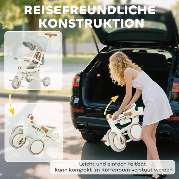 Børnetrehjulet cykel, Konvertibel babyklapvogn, 96,5x49x101 cm, Hvid, Plast