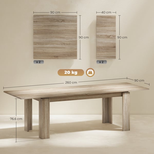 Udtrækkeligt Spisebord, 180x90x76,6 cm til 260x90x76,6 cm, Eg