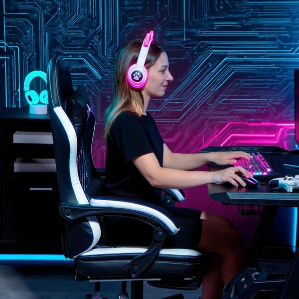 Gamingstol, 64x65x118-128 cm, Sort+Hvid, Justerbar