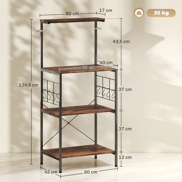Køkkenreol, 4-niveaus design, 60x42x134,5 cm, brun sort, metal